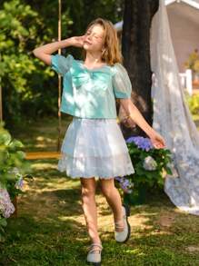 SHEIN Bộ trang phục 2 món cho bé gái tuổi mới lớn: Áo cánh organza tay bồng xếp nếp họa tiết hoa xanh lá cây và chân váy lưới trắng, trang phục thường ngày cho các chuyến đi chơi mùa xuân/hè và đến trường - Nhiều màu - Xem 6