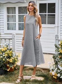 EMERY ROSE Vestido corto casual y holgado de viscosa con cuello redondo, mangas cortas, bolsillo y línea A con estampado a cuadros - Blanco y Negro - Ver 4