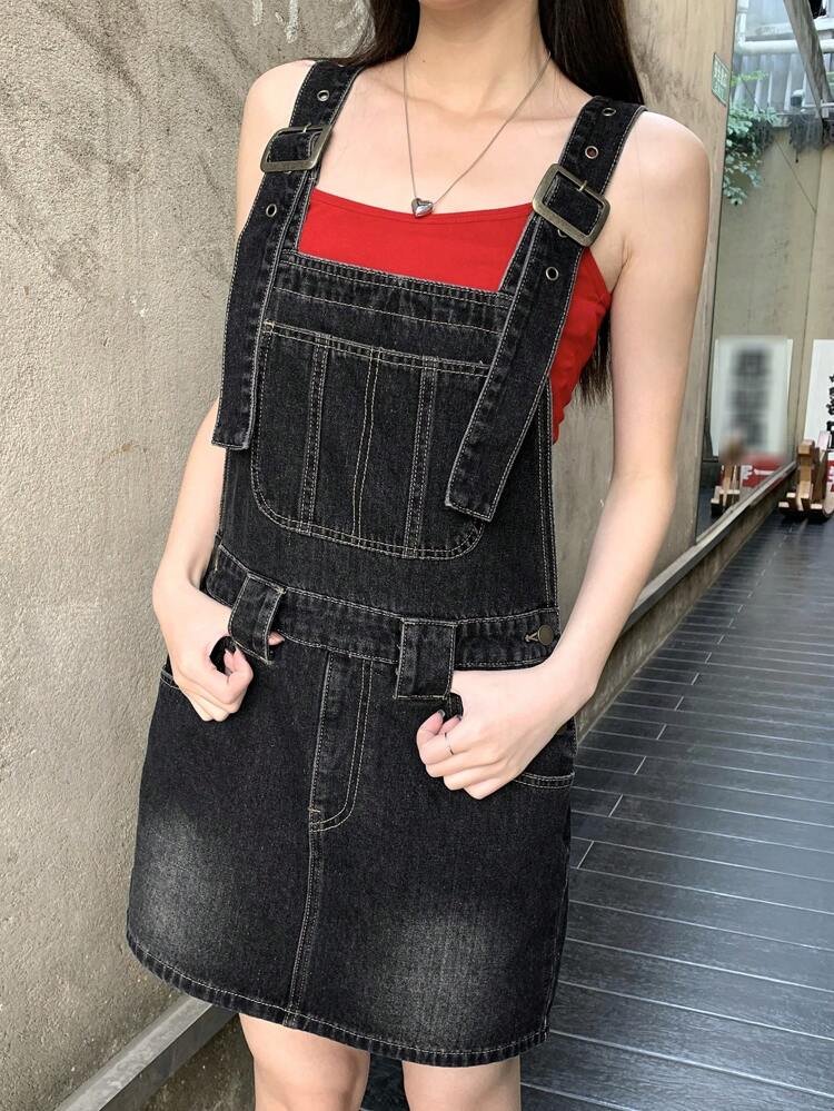 Women's Loose Casual Denim Jumpsuit With Pockets, Cropped Length Summer Sundress