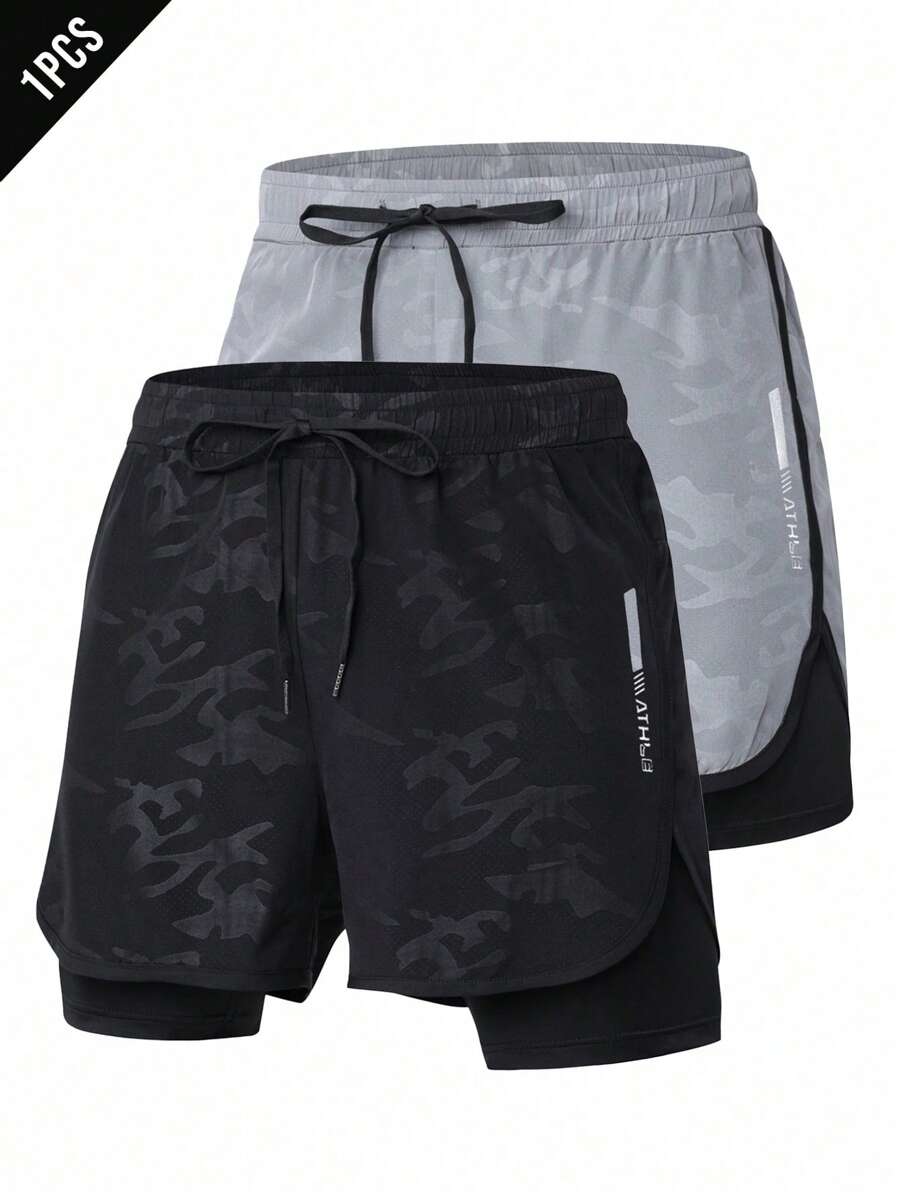 Manfinity Sport Corelite Men's Letter Printed Drawstring Waist Casual Sports Shorts Breathable Ultra Lightweight Quick Drying Minimalist Design Reflective Slim Fit For Gym Long Runs 2 In 1 Performance Shorts