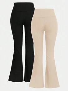 SHEIN Essnce 2 件套女式高腰紧身喇叭腿打底裤，黑色和灰色 - 彩色 - 查看 4