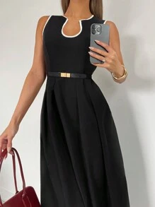 Siren Gaze 纯色U领A字下摆连衣裙，撞色饰边连衣裙，优雅女装，女士办公室/通勤装 - 黑色 - 查看 5