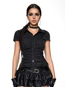 ROMWE Grunge Punk Women's Striped Fitted Short Sleeve Single-Breasted Cinched Waist Shirt,Summer , Summer Outfits ,Summer Clothes,Summer Outfits For Women