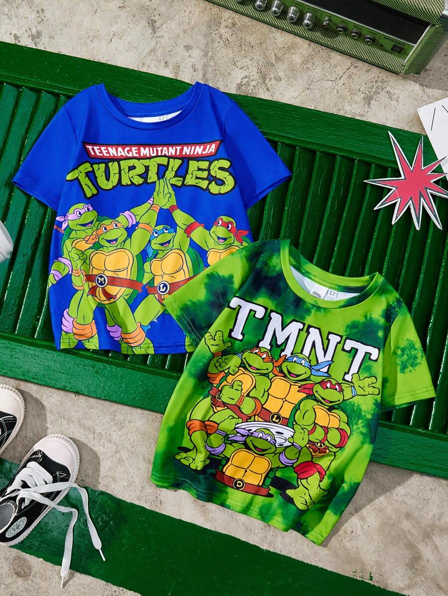 TEENAGE MUTANT NINJA TURTLES | SHEIN 2pcs/Set Young Boy Cartoon Tie-Dye T-Shirt And Blue Cartoon Turtle Printed T-Shirt, Casual Suitable For All Seasons - Multicolor - View 1