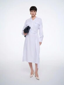 Aalyst Casual Solid Color Front Pocket Shirt Dress - White - View 1