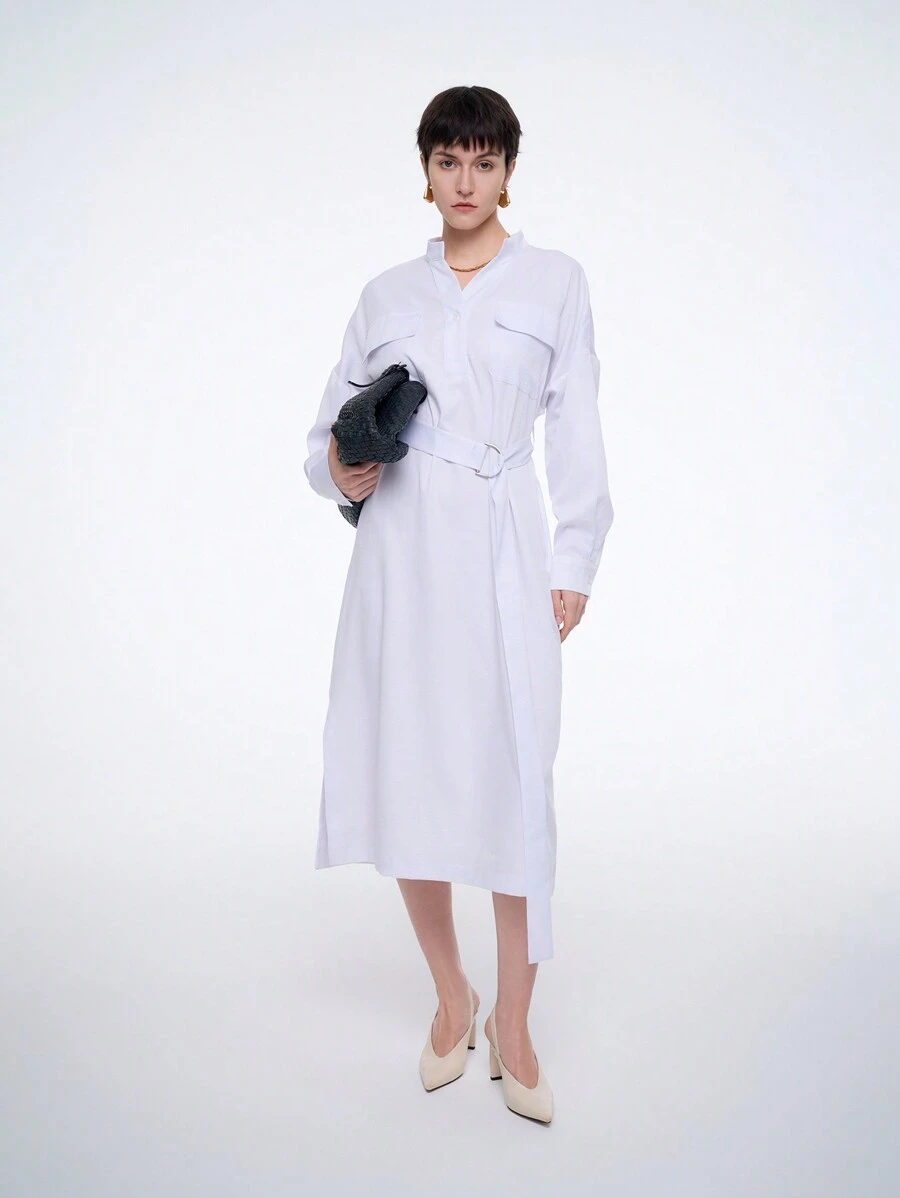 Aalyst Casual Solid Color Front Pocket Shirt Dress - White - View 1