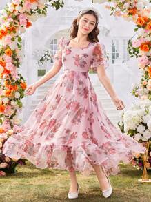 SHEIN Vestido con volumen de gasa con estampado floral para adolescentes, ideal para el Día de San Valentín - Multicolor - Ver 1