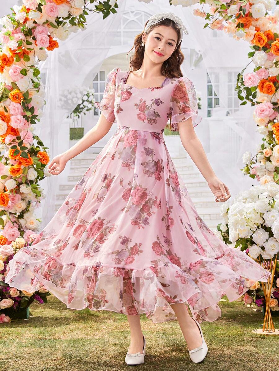 SHEIN Vestido con volumen de gasa con estampado floral para adolescentes, ideal para el Día de San Valentín - Multicolor - Ver 1