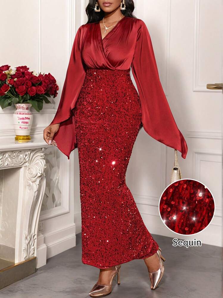 red sequin long sleeve bodycon dress SHEIN Lady Satin And Sequins Panel Bell Dress Banquet Cocktail Party Women's Midi Dress Dress With Sleeves Red Sparkly Dress Size:46 Short Jacket+40 Waist Adjust 36to42)(Height: 5 4 to5 7 )(Neck 17-18.5:XL) Formal Dresses Baby Pink ROSS DRESS FOR LESS