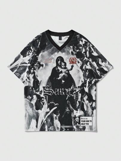 ROMWE MEN Street Life メンズ レトロ フィギュア柄 半袖 スポーツジャージーTシャツ