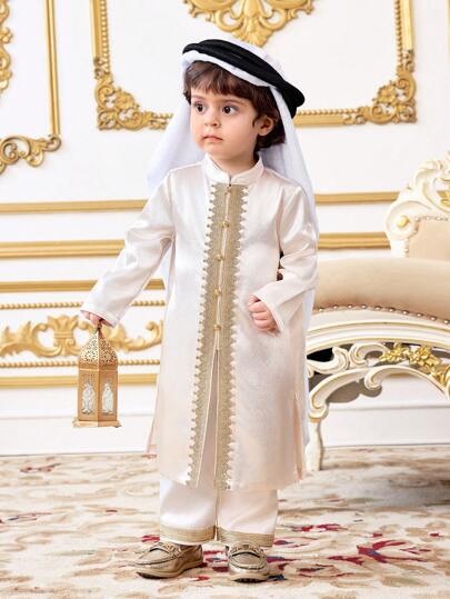 SHEIN Baby Boy Spring/Summer Luxury Gold Satin Long Sleeve Long Robe Top, Suitable For Birthday Party, Evening Party, Performance, Wedding, Month Celebration, Baptism And First Birthday Celebration