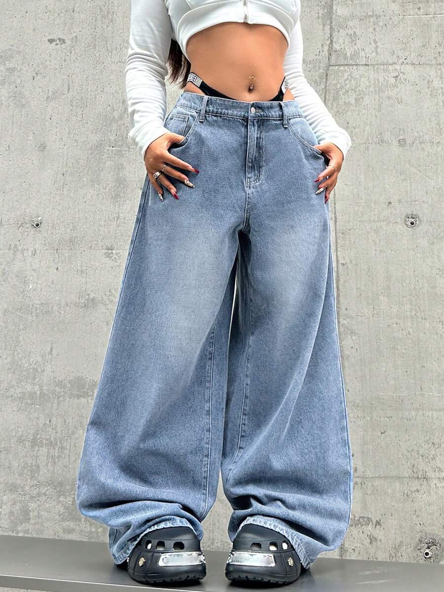 SHEIN ICON Quần Jeans Nữ Cỡ Lớn Quần Ống Rộng Rộng Thường Ngày Quần Jeans Lông Cừu Xanh Quần Jeans Lông Cừu Mùa Đông Quần Jeans Mùa Đông Quần Jeans Denim Giữ Nhiệt Teddy Quần Jeans Denim Giữ Nhiệt Teddy Lông Cừu Ấm Áp Quần Jeans Nữ Xếp Chồng Quần Jeans Rộng Cạp Thấp - Rửa nhẹ - Xem 1