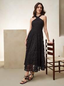 Anewsta Elaire Vestido casual de mujer con tirantes de encaje negro, espalda descubierta, adecuado para looks de playa de primavera/verano