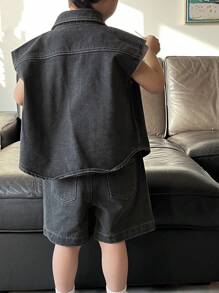 DAZY 2pcs/Set Toddler Boys Front Button Short Sleeve Pocket Casual Top And Denim Shorts Set