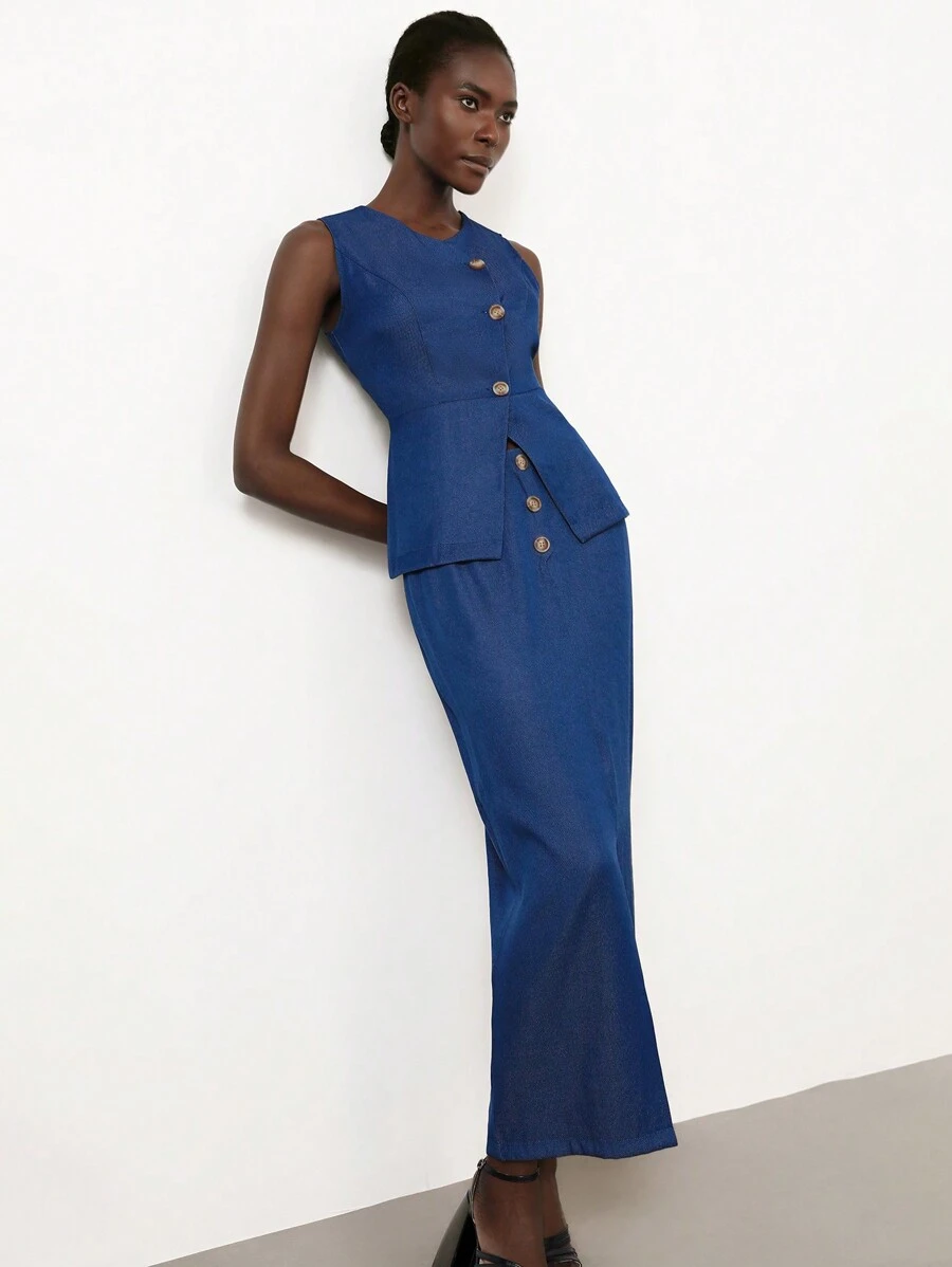 Femmeiva Elegant Retro Blue Denim Effect Waist Cinched Asymmetric Collar Bodycon Maxi Dress 2 Pieces Set For Women - Dark Wash - View 1