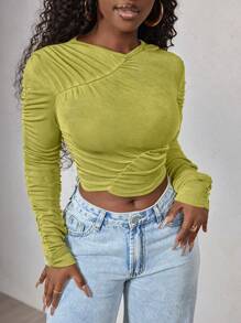 BamGleam Women's Ruched Long Sleeve Cropped Top, Casual & Vacation Wear Fall Cloth For Women - Olive Green - View 4