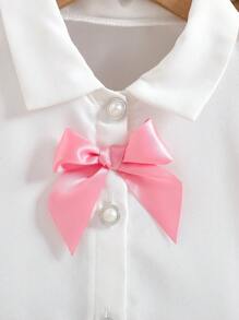 SHEIN Young Girl Solid Color Elegant 3D Bow Ruffle Short Sleeve Shirt, Suitable For Multiple Occasions - White - View 6