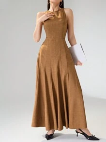 Heiryn Đầm nữ dáng dài thoải mái phong cách ô dù đi làm - Màu Khaki - Xem 3