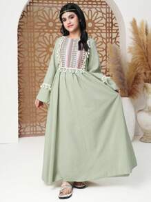 少女纯色长袖简约休闲日常连衣裙 - 綠色 - 查看 7