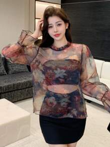 DAZY Floral Print Stand Collar Ruffle Trim Long Sleeve Casual Blouse For Women, Vacation Wear, Summer