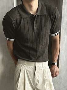 DAZY Men's Half-Open Collar Ribbed Contrast Color Knitted Sweater, Summer Business Attire - Dark Grey - View 4