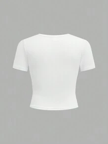 SHEIN 3pcs/Set Tween Girls Red Letter Print Ruched Crew Neck T-Shirt, White & Black Letter Print T-Shirts