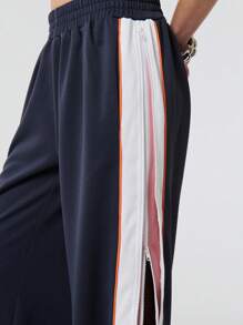 SHEIN Unity Zip Through Contrast Double Layered Panelling Wide Leg Casual Sweatpants Fall Cloth For Women - Grey - View 3