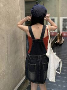 DAZY 女式宽松休闲牛仔连体裤，带口袋，短款夏季太阳裙 - 藍色 - 查看 5