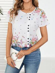 EMERY ROSE 女士休闲花卉印花短袖假日衬衫 - 彩色 - 查看 7