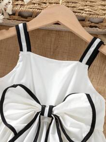 Vestido minimalista elegante de contraste de color negro y blanco para niña con gran lazo removible y correa de - Blanco - Ver 3