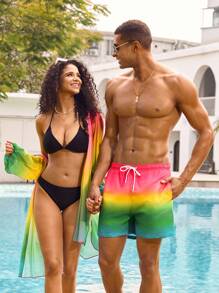 Manfinity VDAYZ Gradient Color Print Men's Drawstring Waist Beach Shorts Couple Boyfriend Men Swim Trunks - Multicolor - View 3