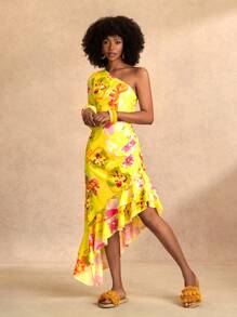 Slaydiva Yellow,Autumn,Boho,Vacation,Holiday,2025Spring/Summer Floral Print Asymmetric Hem Women Dress,One Shoulder Cutout Elegant Wedding Party Beach Dress - Multicolor - View 8