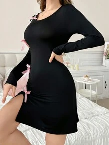 Snug Zone Vestido de mujer para estar en casa con decoración de lazo, atuendo acogedor para otoño e invierno - Negro - Ver 6