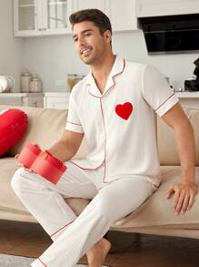 Plush Heart Patch Decorated Romantic Men's Sleepwear Set
