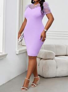 Fleurora 春夏优雅通勤办公室紫色针织圆领铅笔主教袖撞色领撞色网眼紧身连衣裙中长款短袖大码连衣裙优雅女装高档服装女士夏季服装女士连衣裙优雅夏装春装