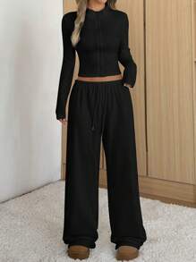 SHEIN EZwear Women's Slim Fit Jacket & Casual Pants Set, Simple Stylish For Everyday - Black - View 6