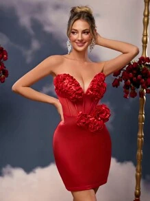 SHEIN Belle Elegante, romántico y sexy vestido de tubo con decoración de flores tridimensionales en tela elástica roja para cintura ceñida, ideal para primavera y verano en festivales, conciertos, carnaval, fiestas, citas, cócteles y bodas