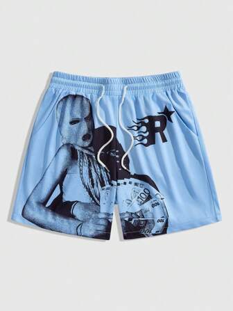 Street Life Men's Hip Hop Figure Casual Graphic Letter Print Drawstring Waist Shorts
