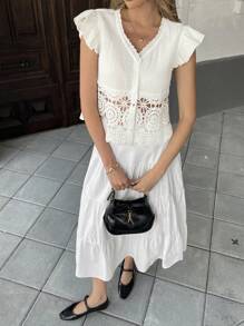 Chiquease 女式拼布荷叶边盖袖短款衬衫，夏装 - 杏色 - 查看 3