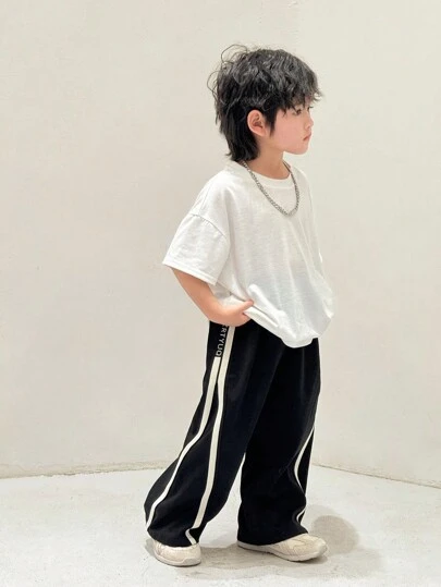 SHEIN 1 件装年轻男孩日韩宽松丝带装饰袖口黑色长裤适合生日派对、晚会、表演、婚礼