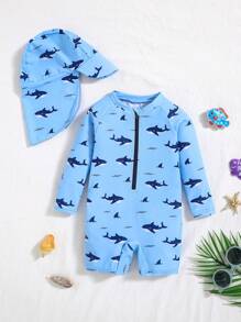 SHEIN 2pcs Baby Boy Summer Casual Holiday Cute Knit Cartoon Shark Print Rash Guard Swimsuit And Sun Hat Set, Suitable For Beach, Hot Spring And Swimming