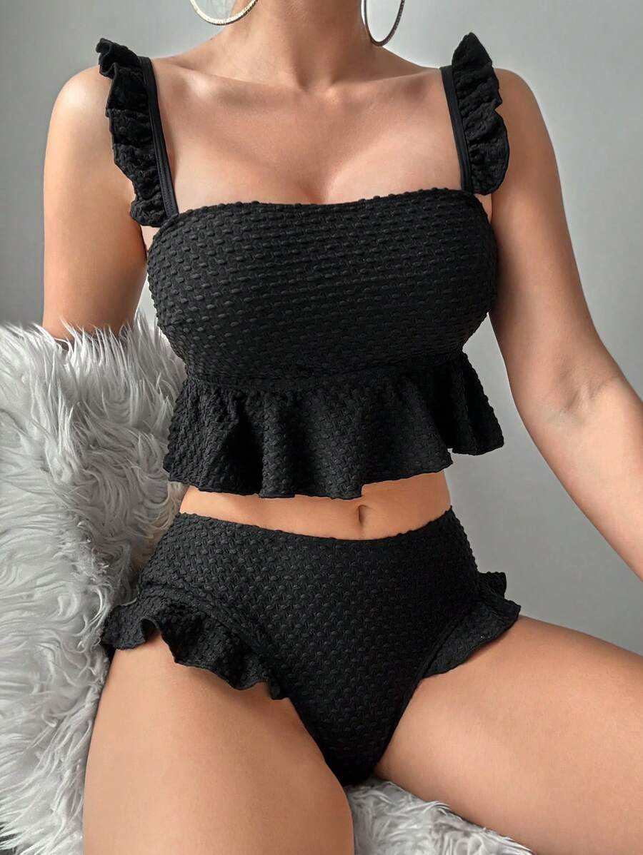 SHEIN Swim Springbreak 2Pcs Set: Black Textured Ruffle Strap Top And Ruffle High Waist Cute Beach Crop Tank Bikini For Summer Beach Vacation - Black - View 1