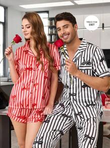 Men's Elastic Satin Print Lapel Collar Short Sleeve Pajama Set, Gift For Boyfriend