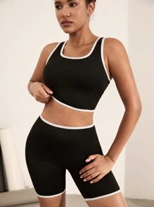 Hanevo 2pcs Women Colorblock Sports Outfit Sportwear For Daily Wear - Black - View 1