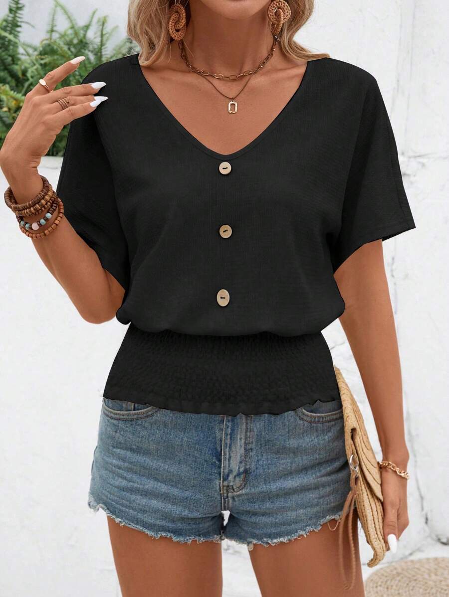 EMERY ROSE 女式纯色前扣简约休闲短袖衬衫，夏季 - 黑色 - 查看 1