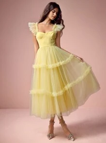 Enchnt Women's Sweetheart Neck Elegant Ruched Mesh Dress - Yellow - View 1