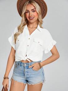 SHEIN LUNE Koszula damska w stylu country cowgirl western z falbankami i kieszeniami - Biały - Zobacz 4