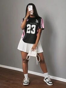 Slaydiva Graphic Tees Women Streetwear For Women Gyaru New Spring And Summer Casual Street Black With Pink Stripes 23 Letter Slogan Logo Full Printed Women's T-Shirt-B - Black - View 8