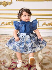 SHEIN 2pcs Baby Girl Cute Blue Floral Print Skirt & Short Sleeve Shirt Set, Summer - Blue - View 3