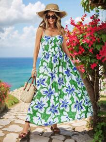 Vivid Eden Vestido largo de verano para mujer con estampado de árboles de coco para vacaciones en la playa - Verde - Ver 4